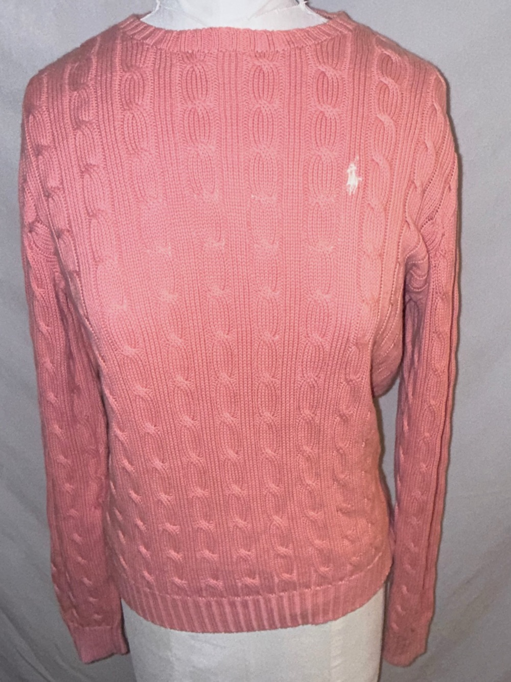 Ralph Lauren Pink Cable Knit Cotton Sweater Pony Logo Size L